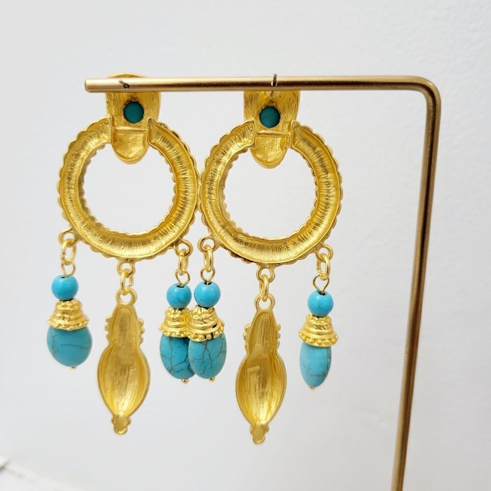 Brand New Indian Style Gold Tone With Turquoise Stone Earrings - Picture 3 of 5